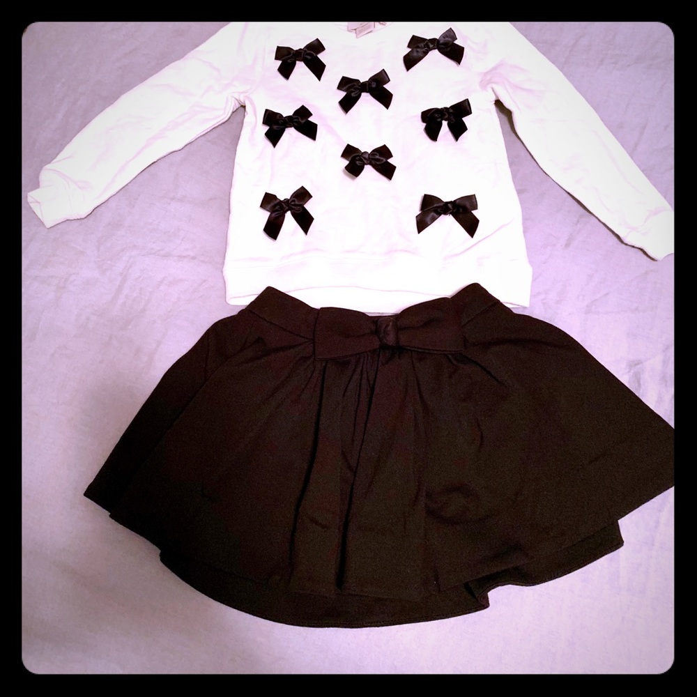 Kate Spade White Sweater W/ Blk Bows, Black Twirl Skirt, New, Size 2T